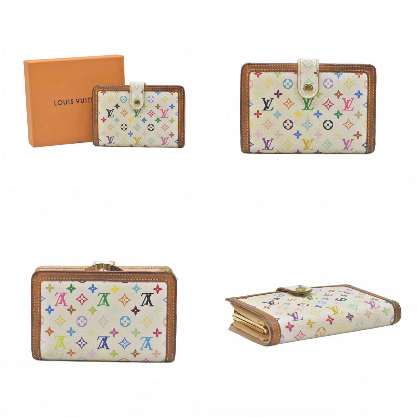 $790 2005 Louis Vuitton Monogram Multicolor French Purse Wallet White TH0075