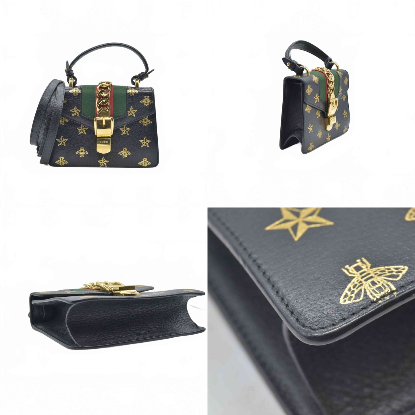 $2600 Gucci Textured Calfskin Bee Star Print Mini Sylvie Top Handle Bag Black