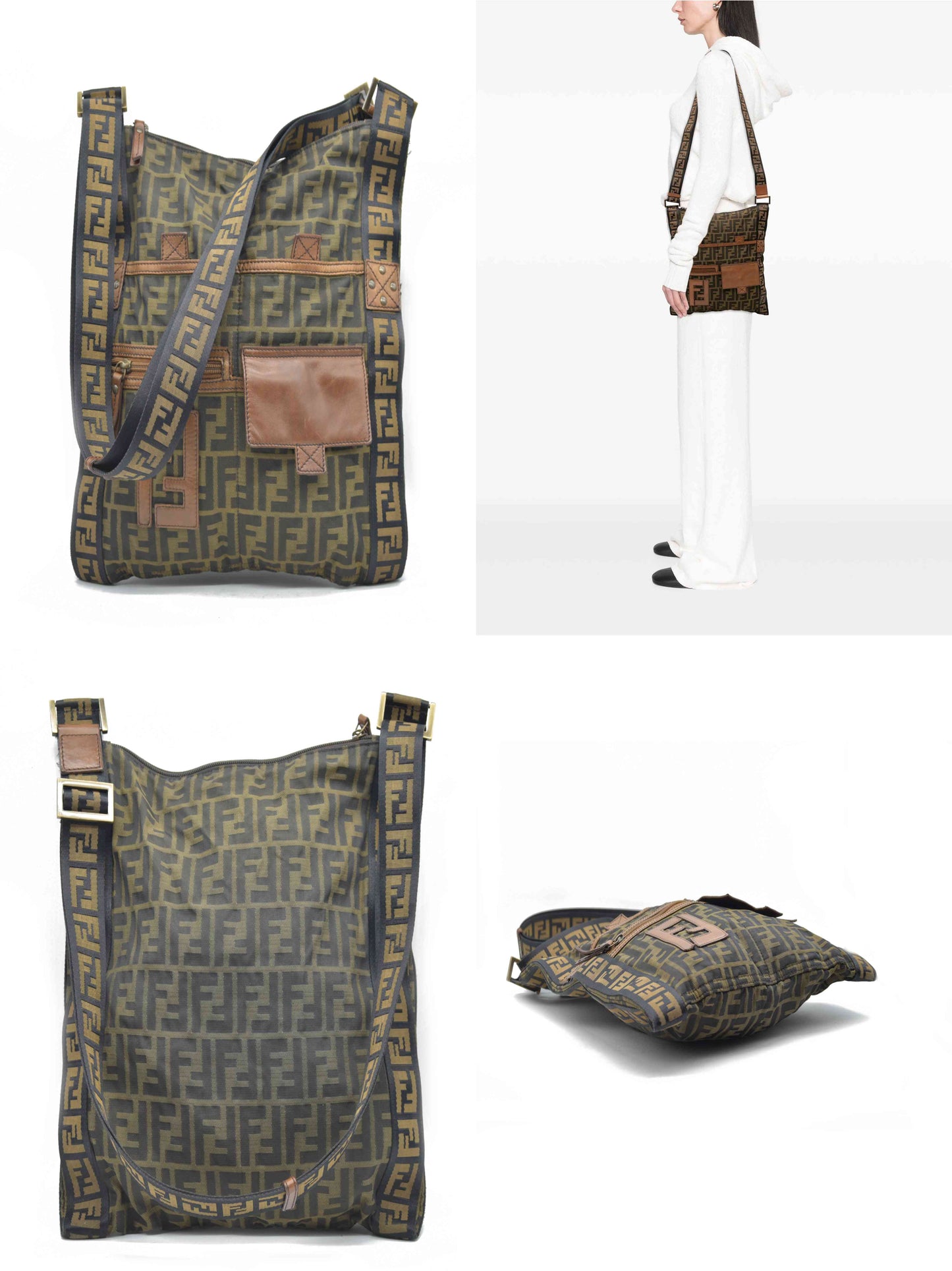 $790 Fendi 2000-2010 Zucca Canvas FF Flat Messenger Bag crossbody bag CONSIGNMENT