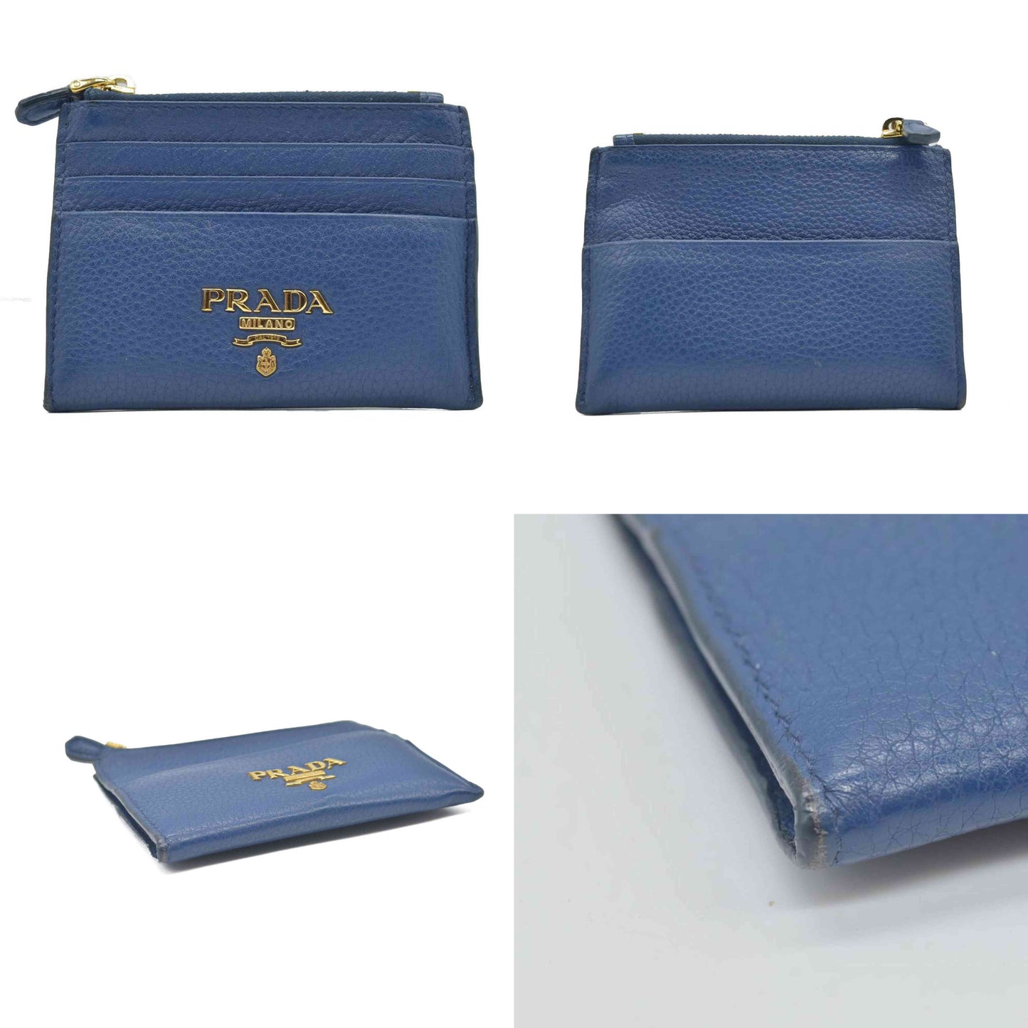 $725 Prada Zip Card Holder Pebbled Leather Blue CONSIGNMENT