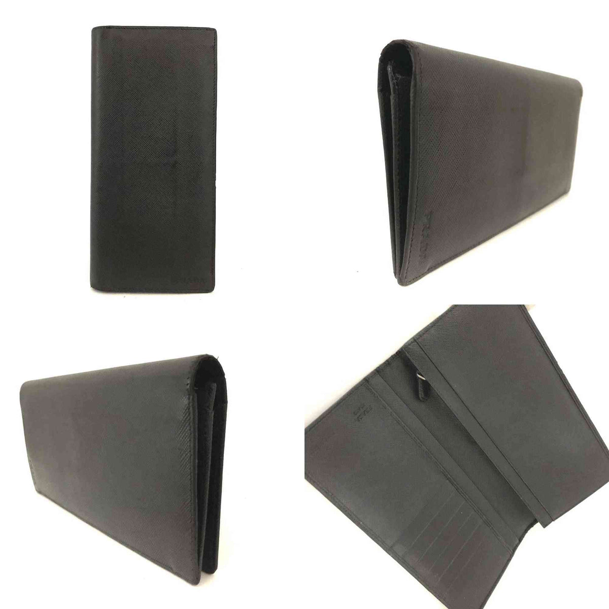 $750 PRADA Logo Saffiano Leather Long Bifold Wallet Purse Black