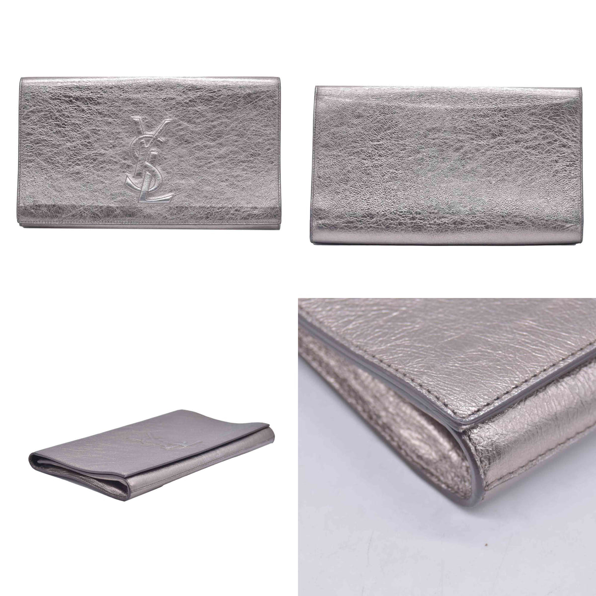 $820 Saint Laurent Metallic Leather Large Belle De Jour Clutch Silver CONSIGNMENT 10020879