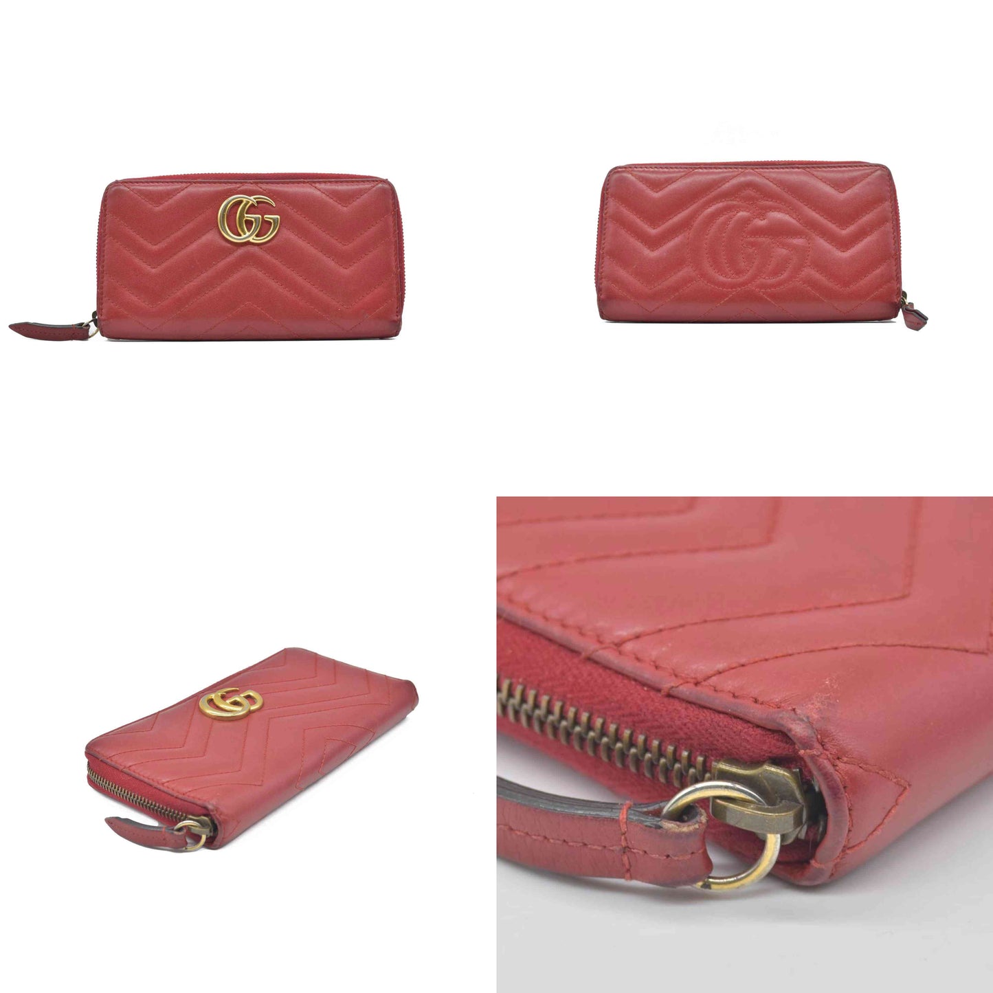 $830 Gucci Calfskin Matelasse GG Marmont Zip Around Wallet Hibiscus Red CONSIGNMENT