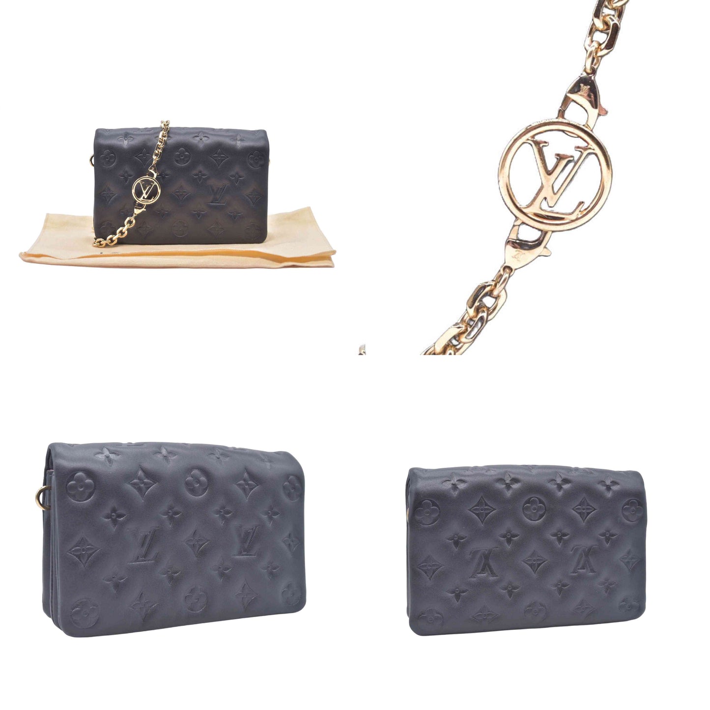 $3150 RFID Louis Vuitton Lambskin Embossed Monogram Pochette Coussin Black