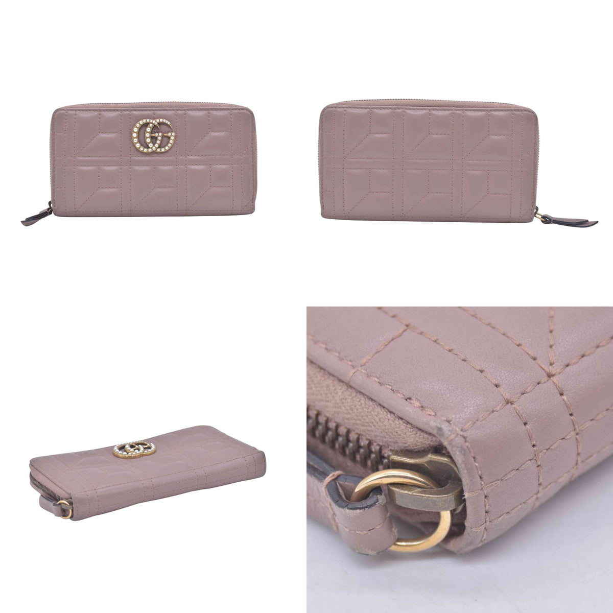 $820 GUCCI Quilted Nappa Faux Pearl GG Marmont Zip Around Wallet Taupe CONSIGNMENT 10021284