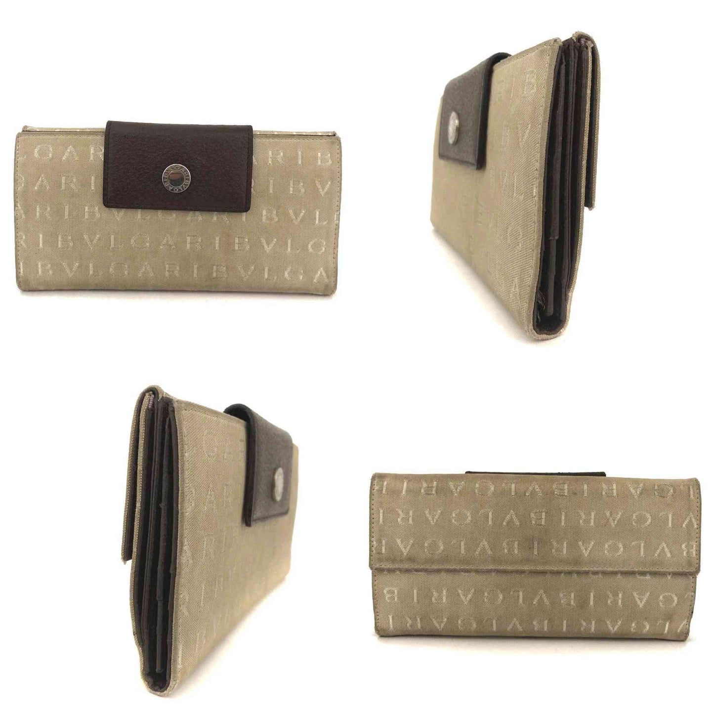 $900 BVLGARI Classico Logo Mania Canvas Leather Bifold Long Wallet