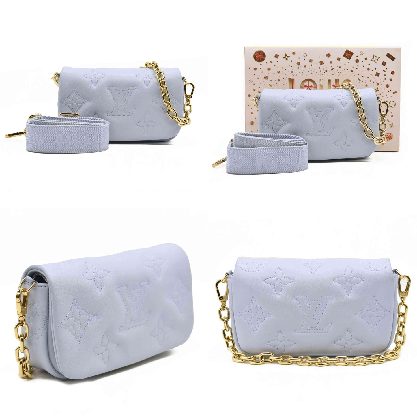 LOUIS VUITTON Calfskin Bubblegram Wallet On Strap Ice Blue