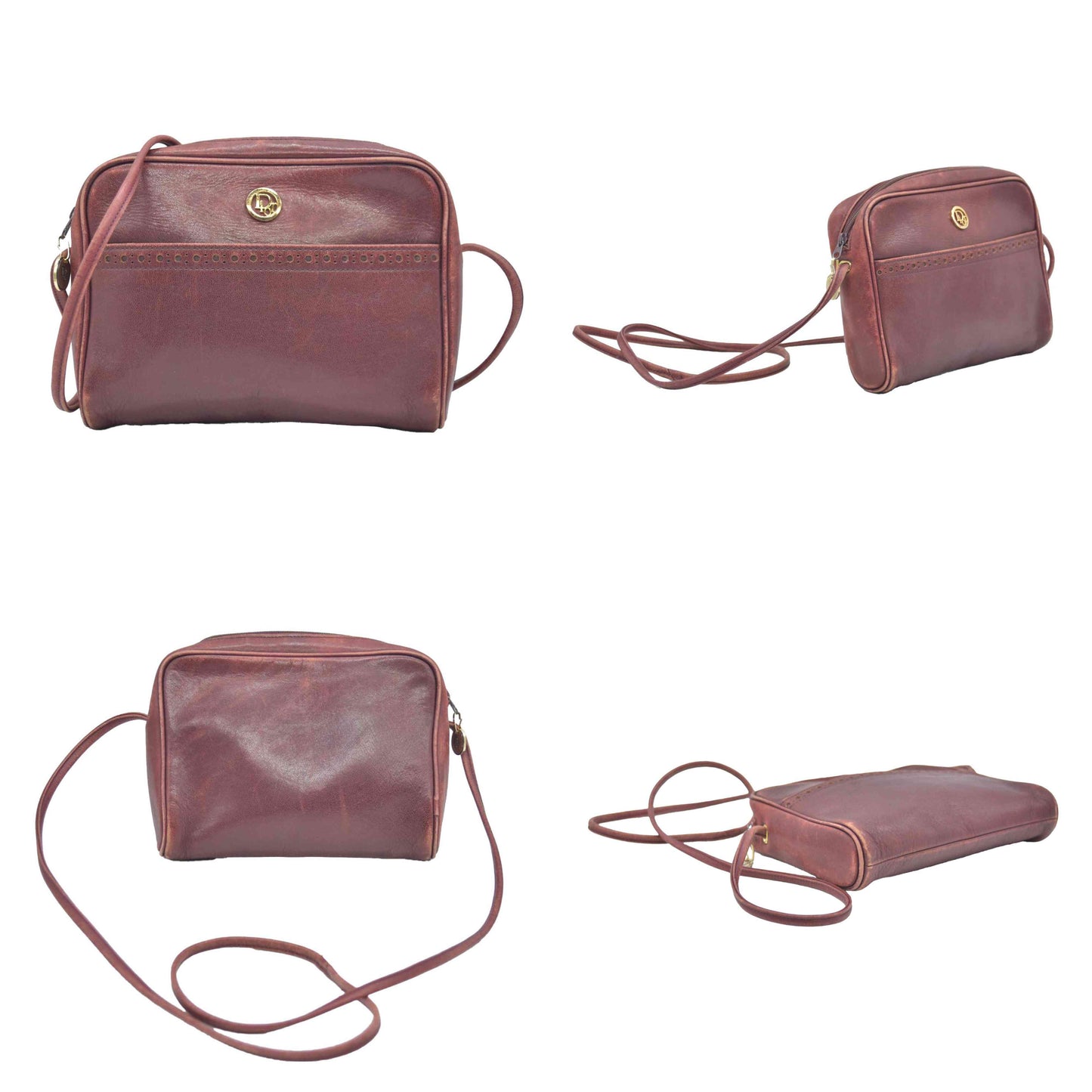 $1250 Christian Dior Vintage Smooth Leather Brogue Round Logo Camera Bag Burgundy CONSIGNMENT
