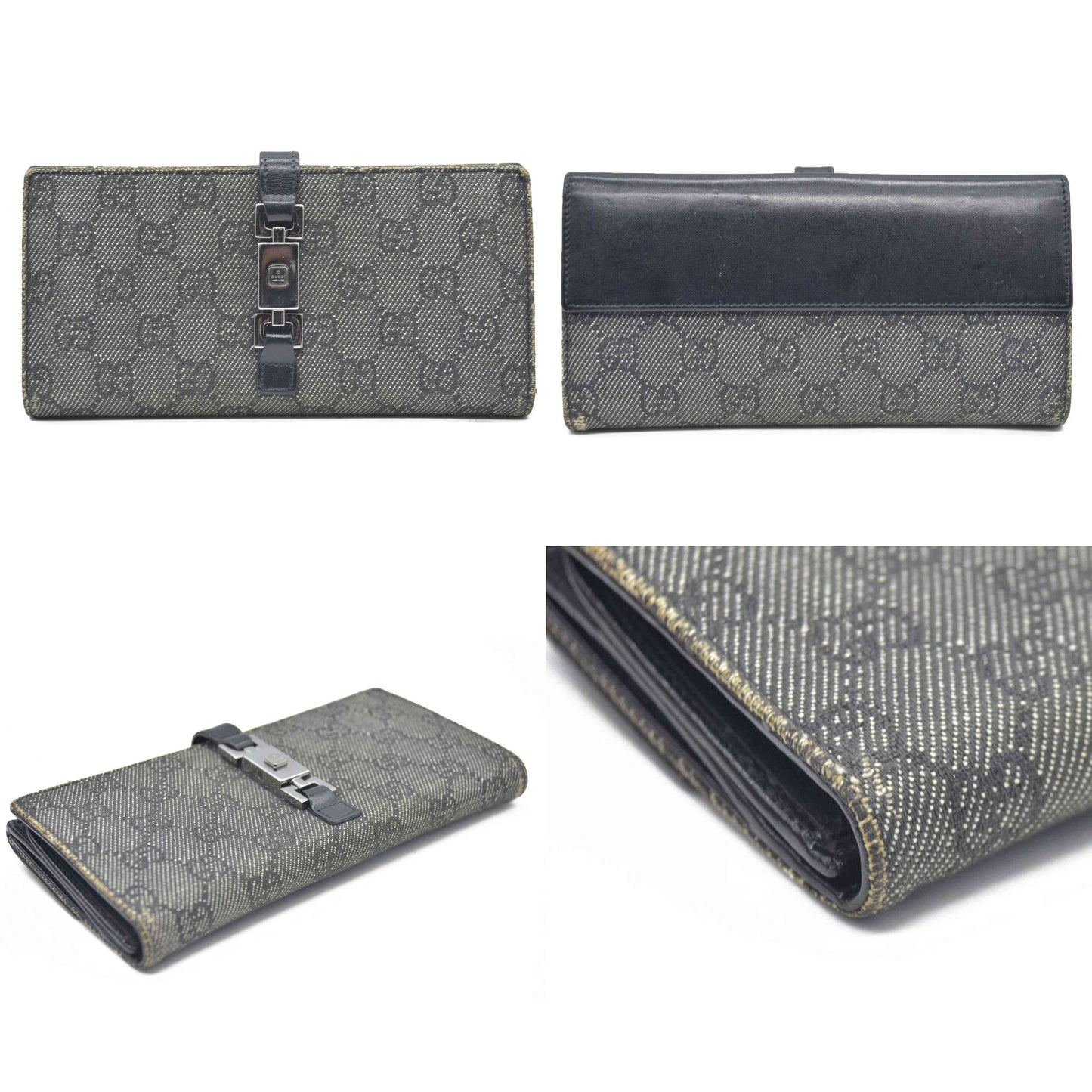 AUCTION $440 Gucci  Denim Calfskin Monogram Blake Continental Wallet Black