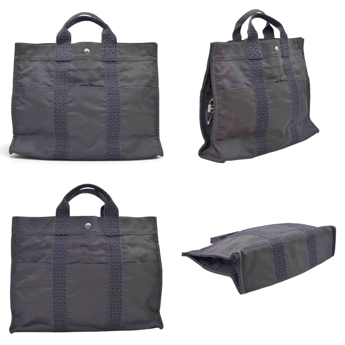 $850 HERMES Herline MM Grey Canvas Tote Bag CONSIGNMENT 10021621