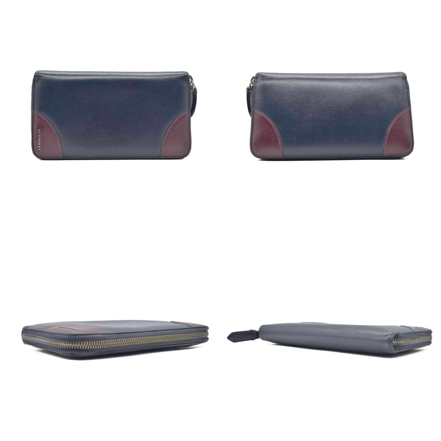 BURBERRY Logo Leather Organizer Zip Around Long Wallet Navy blue