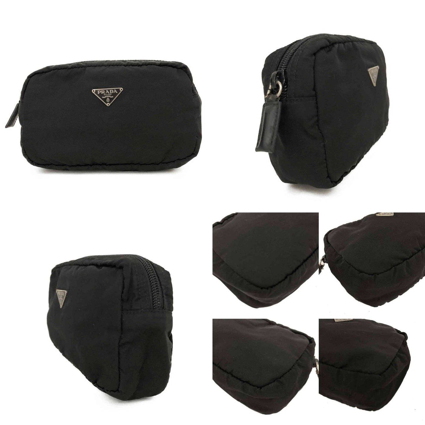 $625 PRADA Logo Plate Nylon Cosmetic Pouch Bag Black