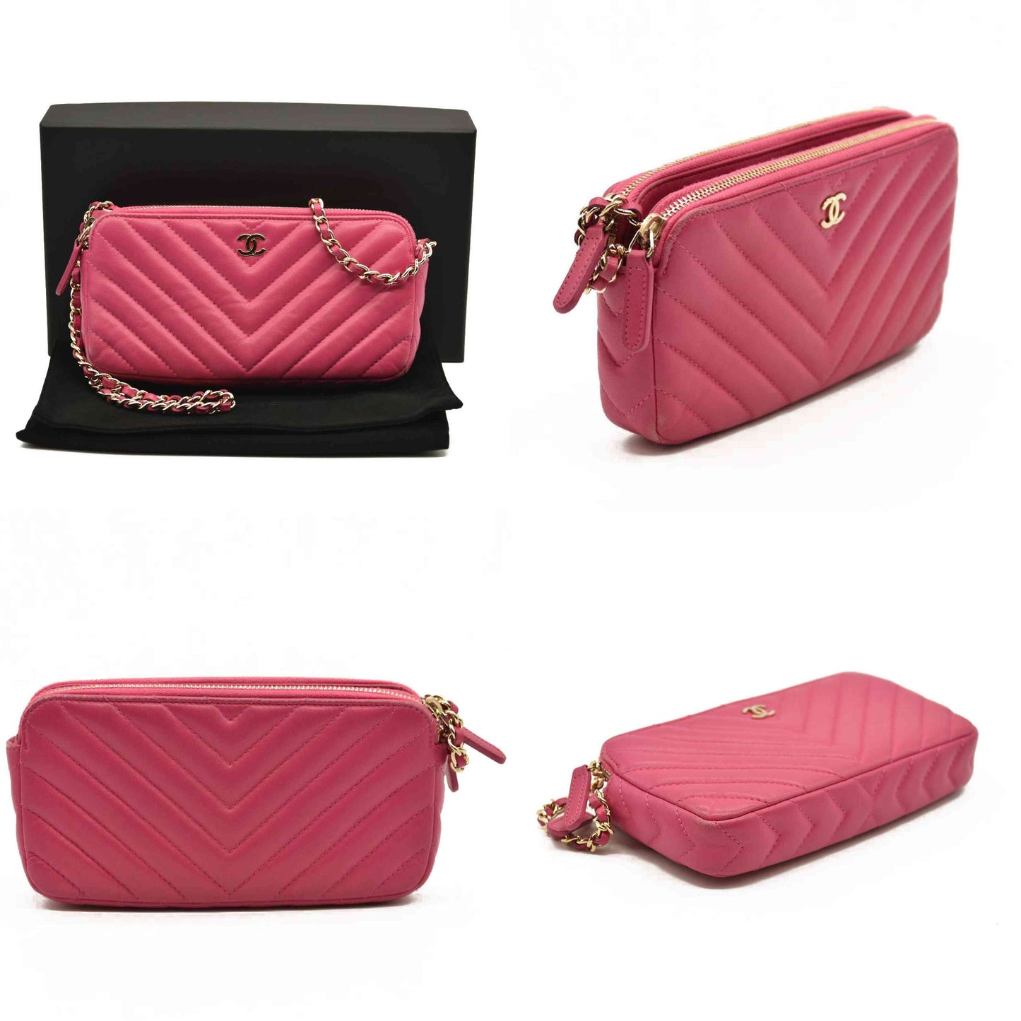 Chanel Lambskin Chevron Quilted Small Clutch With Chain Pink 23*