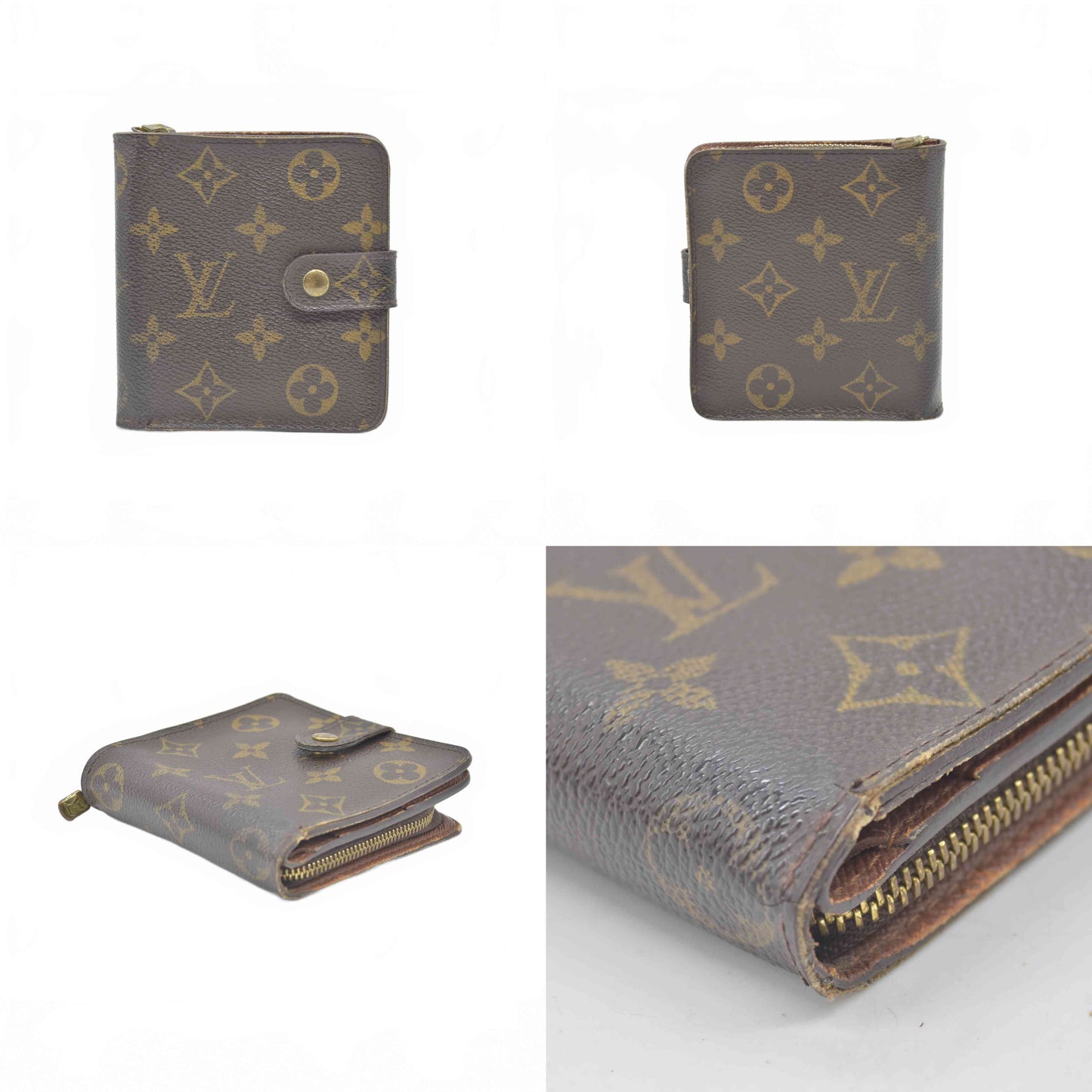 $590 2003 Louis Vuitton Monogram Compact Zip Bifold Wallet Brown CA0063