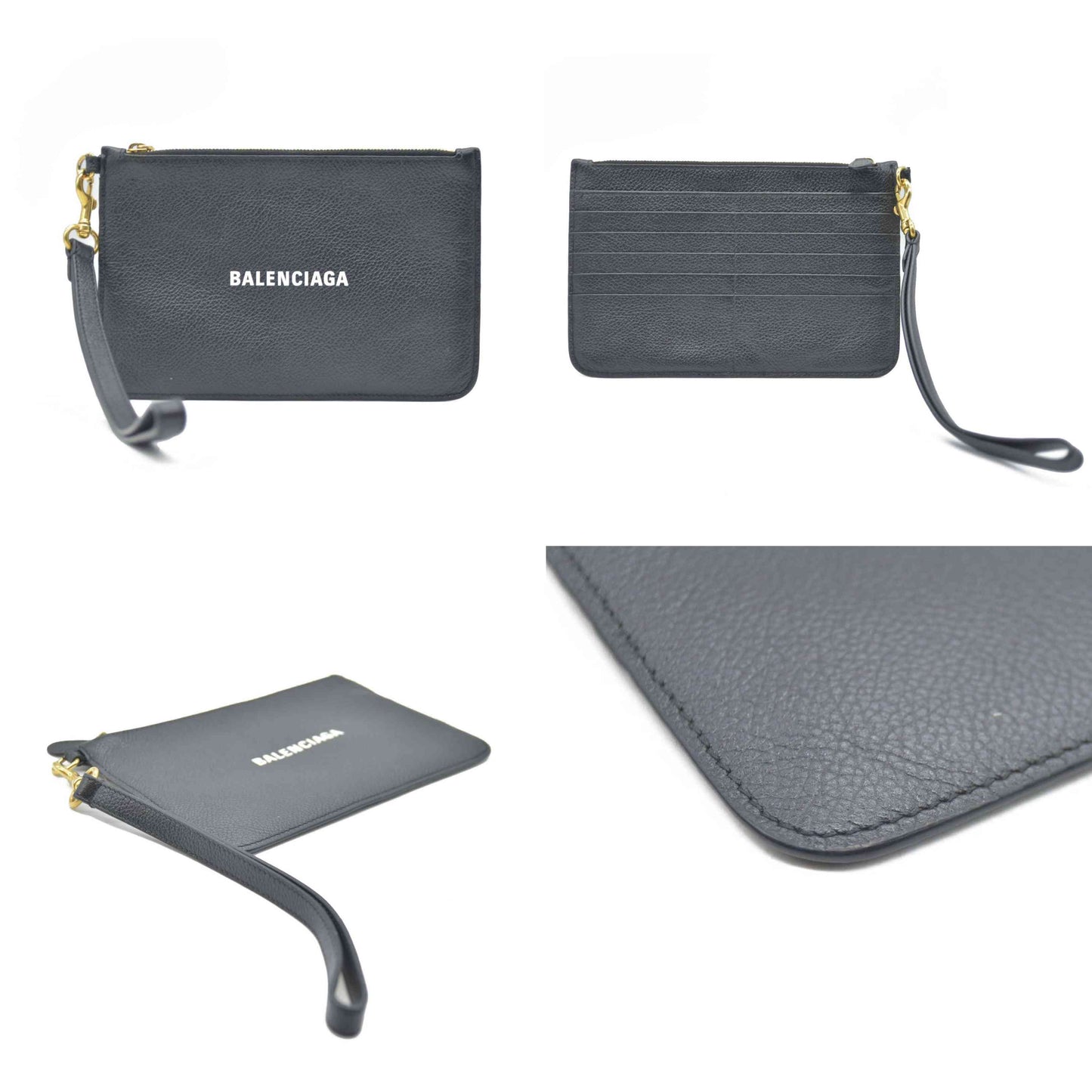 BALENCIAGA Logo Cash Pouch Leather Pouch Bag w/Strap Black Wristlet