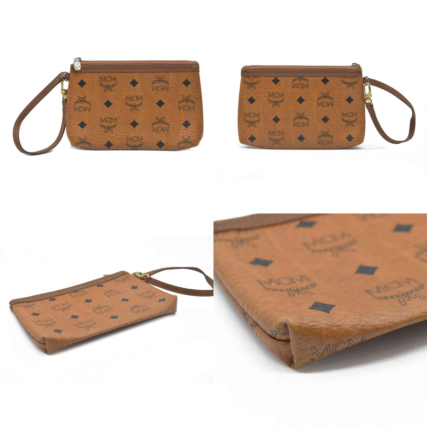 MCM Visetos Liz Shopper Tote Pouch Cognac Small