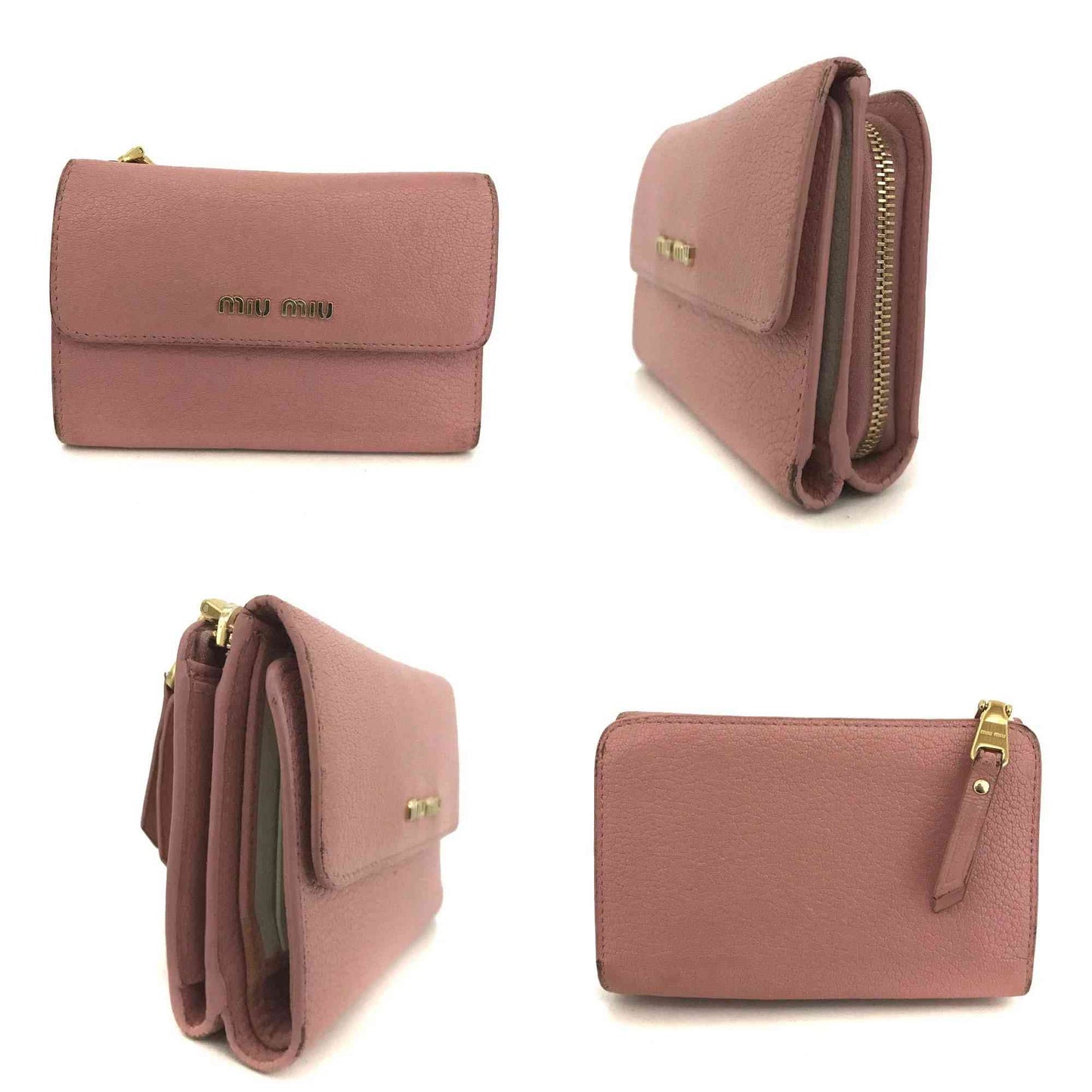 $695 Miu Miu Logo Leather Trifold Wallet – Pink