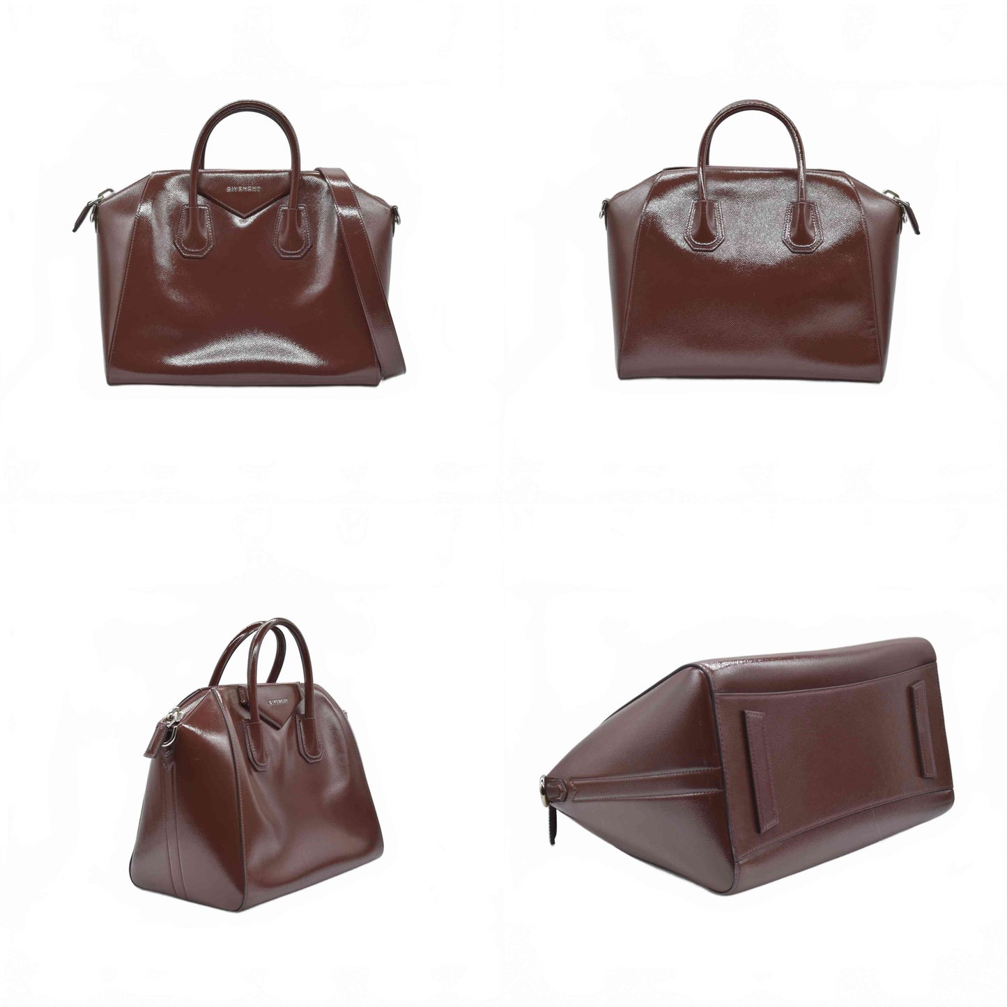 $2750 Givenchy Medium Antigona Satchel in Brown Glazed Patent Leather with Silver Hardware