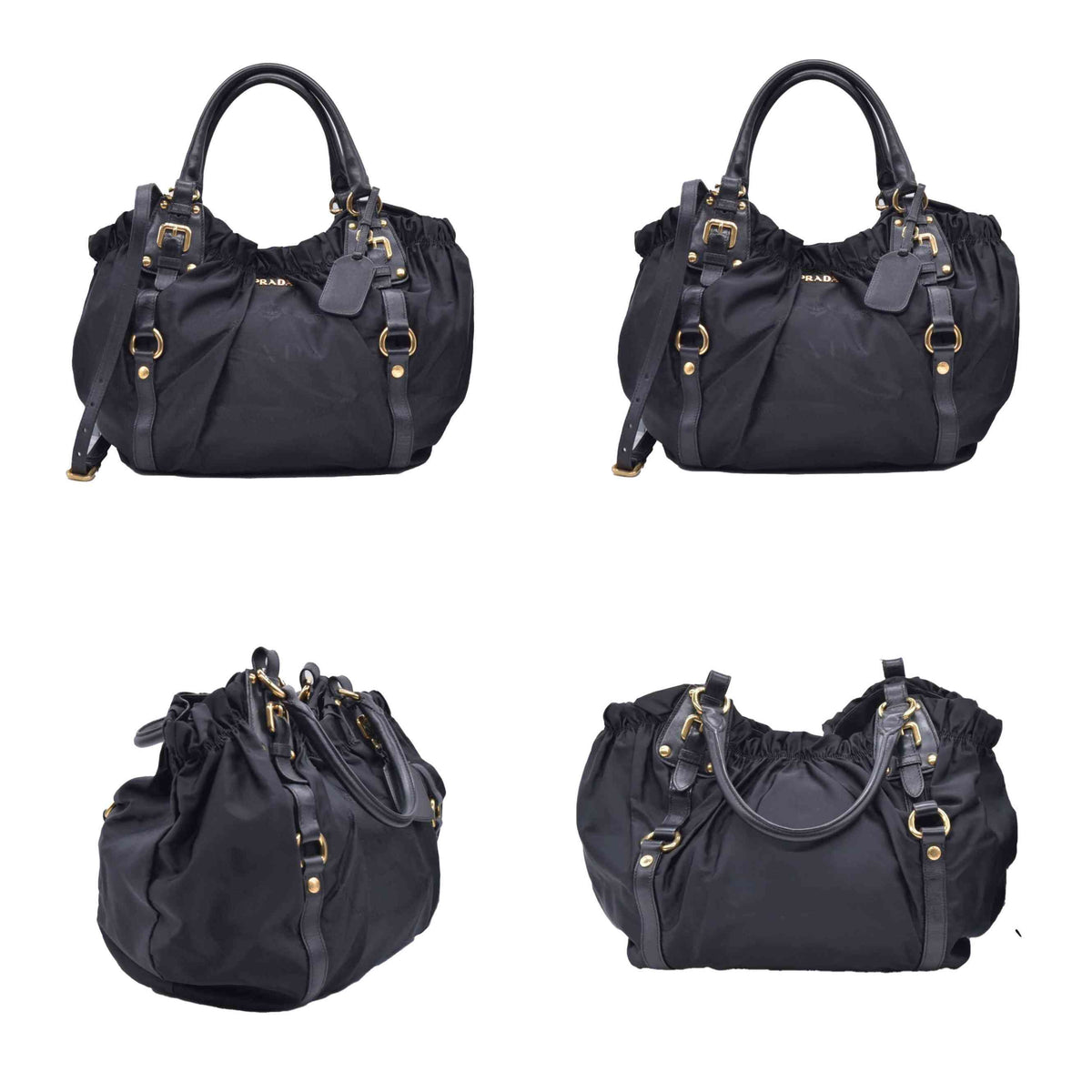 $2450 Prada Jacquard Tote Bag Nylon Gathered Vela Black CONSIGNMENT