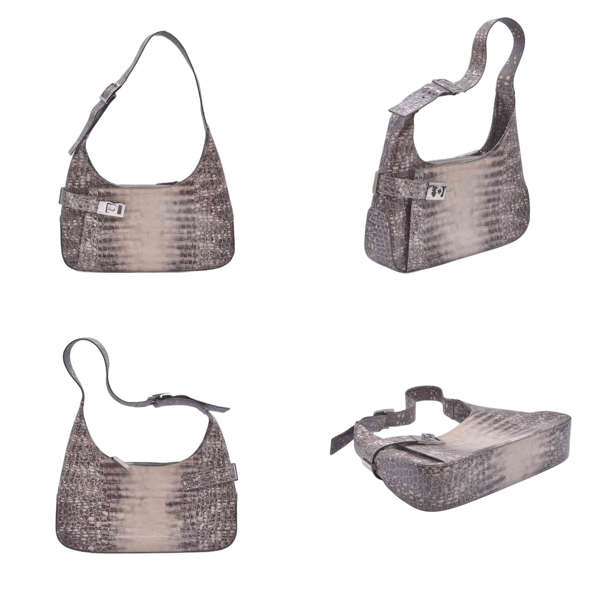$1250 SALVATORE FERRAGAMO Embossed Lizard Calfskin Gancini Belt Shoulder Bag Grey CONSIGNMENT 10021138