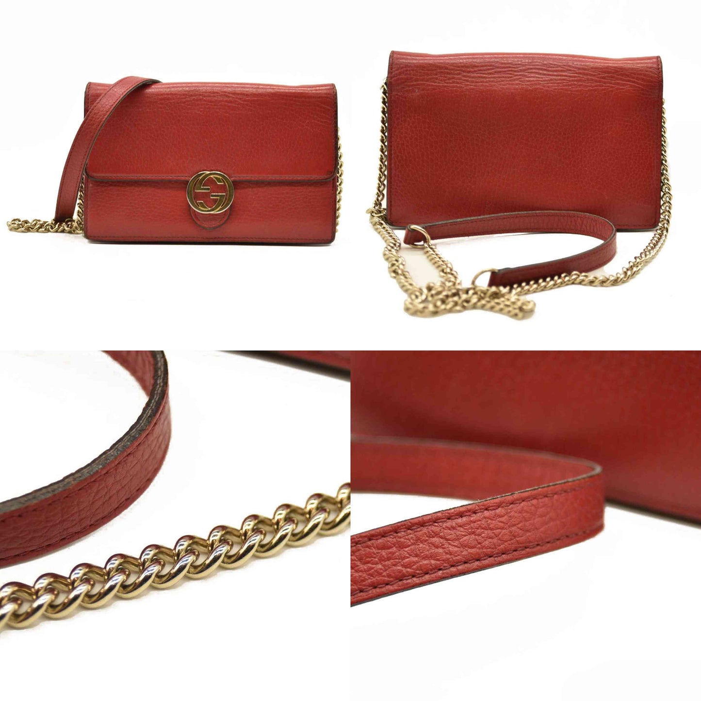 AUCTION $1290 Gucci  Dollar Calfskin Interlocking G Chain Wallet Red