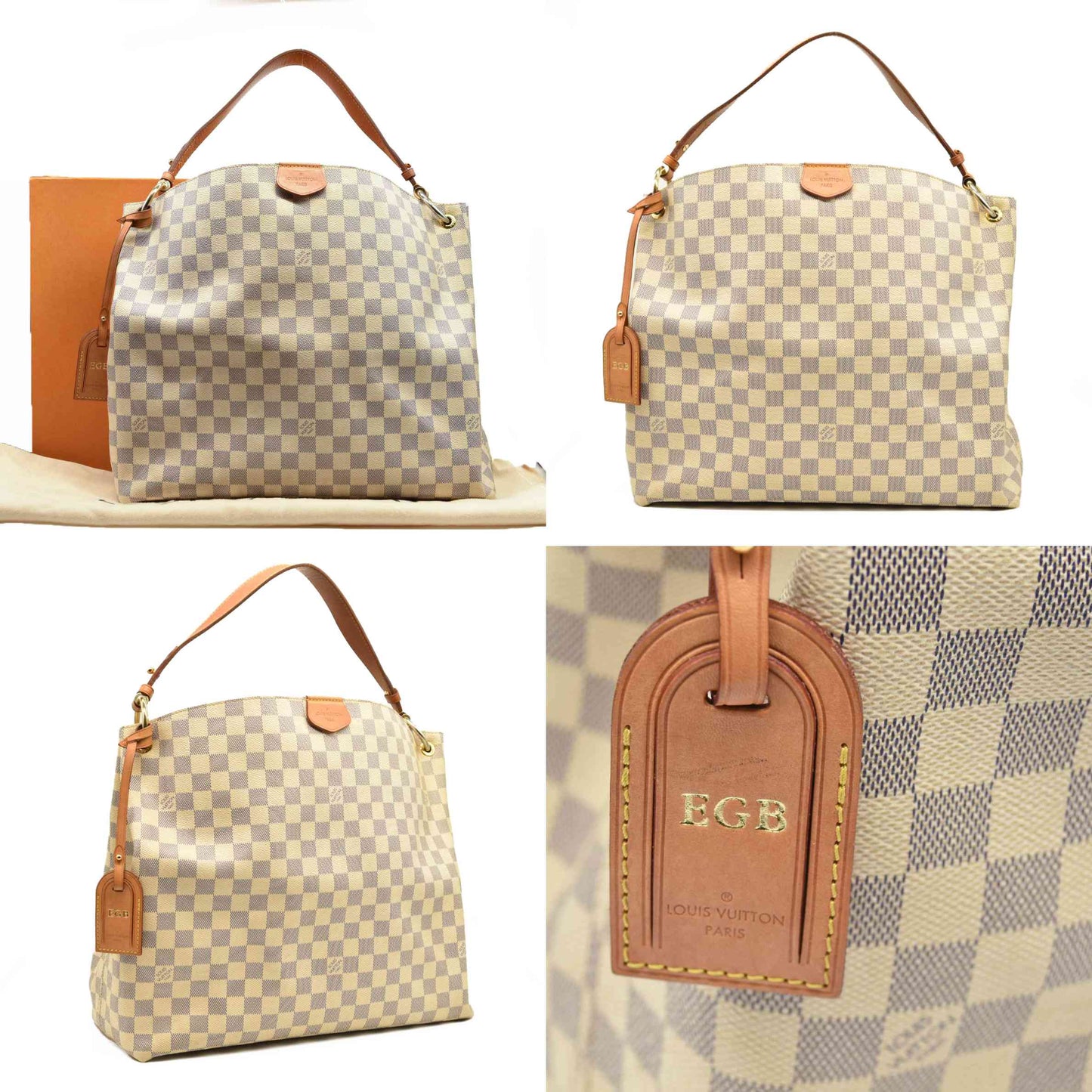 USED Louis Vuitton Graceful Mm Rose Ballerine White Damier Azur Canvas Tote RFID