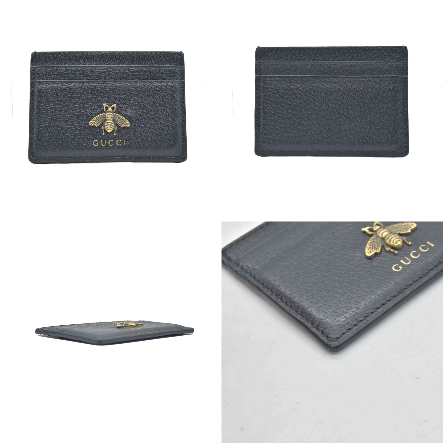 $550 Gucci Pebbled Calfskin Animalier Card Holder Black CONSIGNMENT