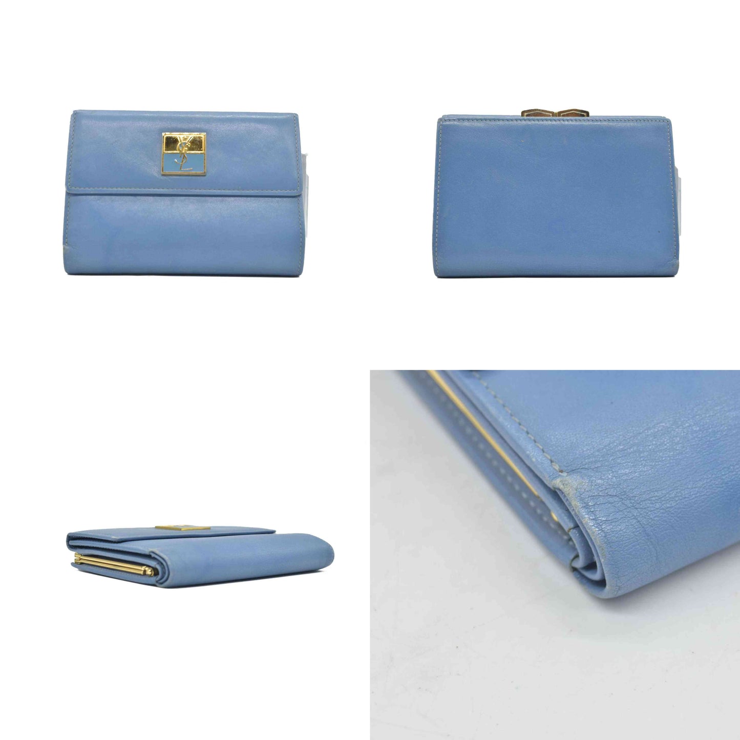 $480 Saint Laurent Monogram YSL Vintage Wallet Blue Leather CONSIGNMENT