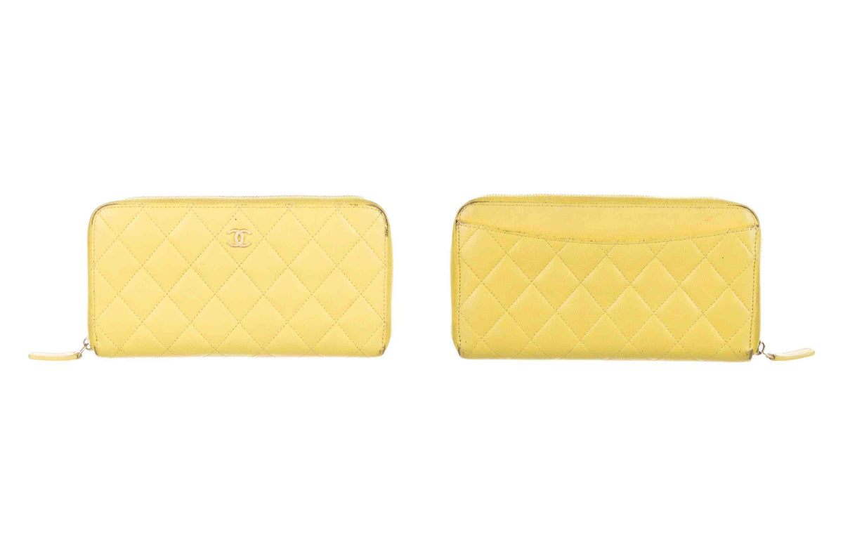 $1375 Chanel Yellow Quilted Caviar Leather Long Zip-Around Wallet 10021118