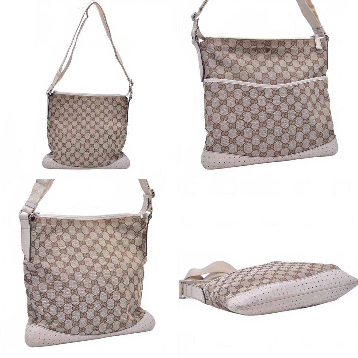 $800 Gucci Monogram Calfskin Perforated Medium Flat Messenger Bag Off White