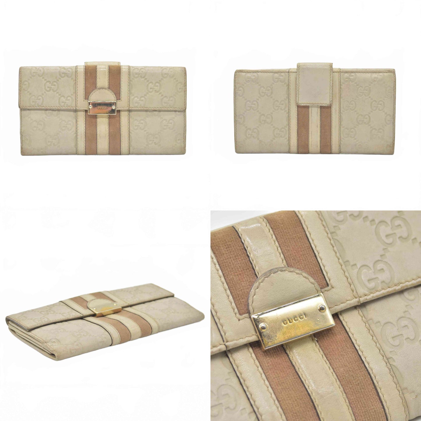 $820 GUCCI GG Logo Leather Long Bifold Wallet Ivory Cream Web