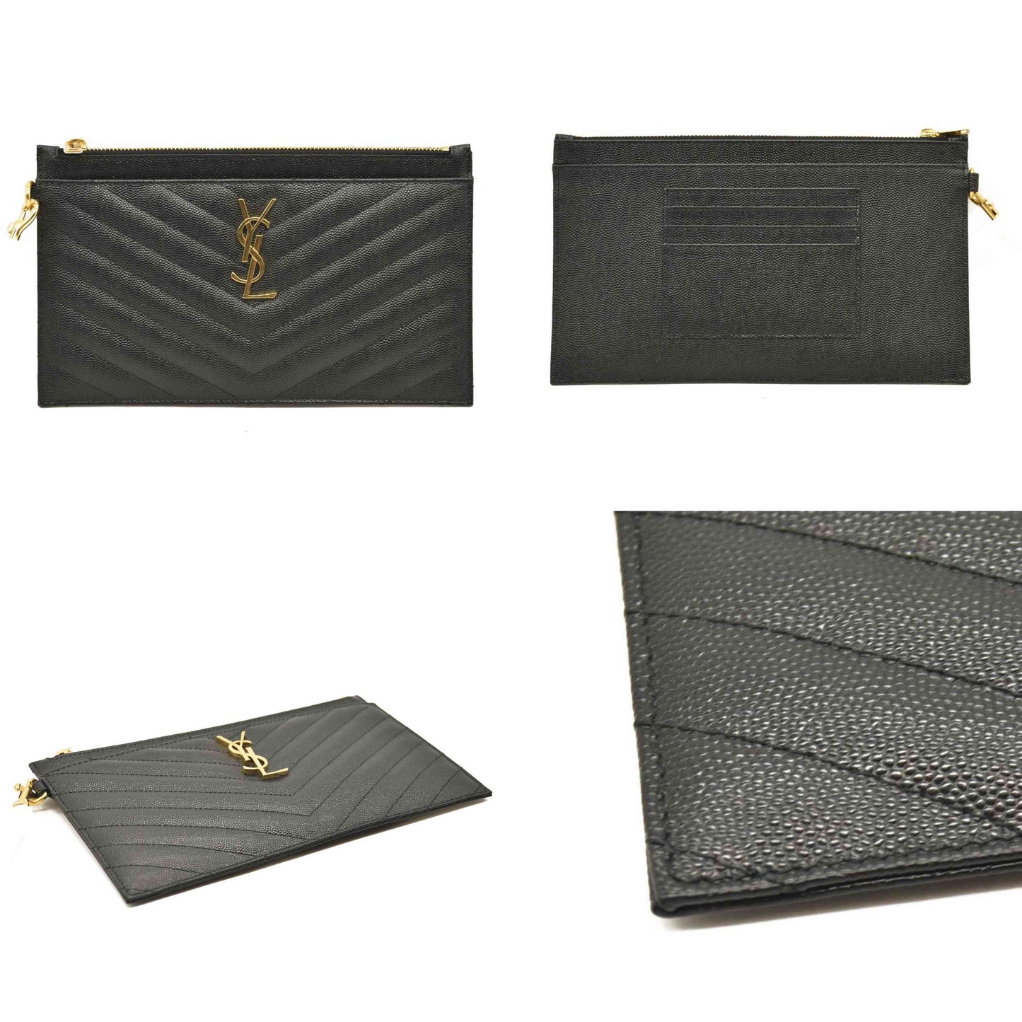 SAINT LAURENT Grain De Poudre Chevron Monogram Large Bill Pouch Black