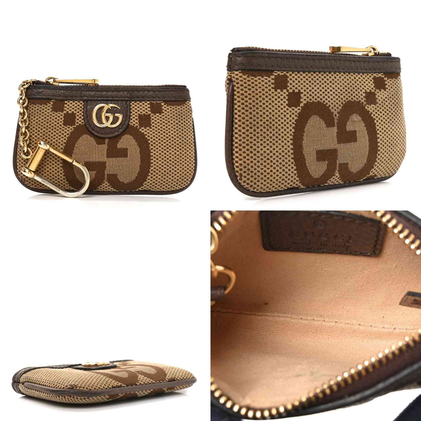 $450 Gucci Monogram Jumbo GG Textured Dollar Calfskin Ophidia Key Case Camel Ebony New Acero