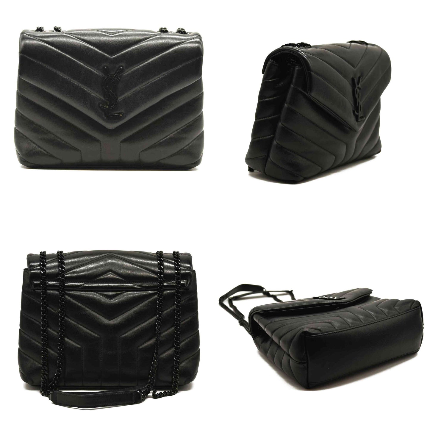 SAINT LAURENT Calfskin Y Quilted Monogram Monochrome Small Loulou Chain Satchel Black