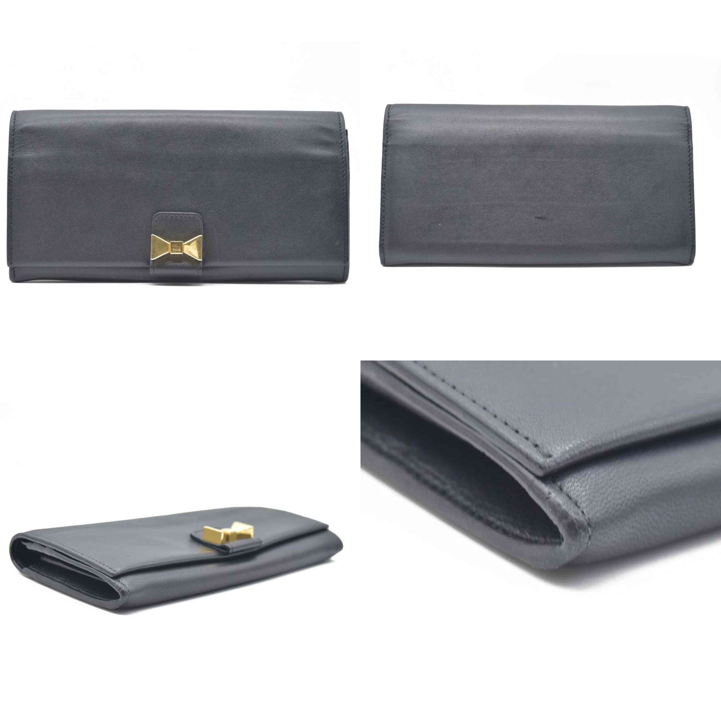Chloe Ribbon Leather Long Bifold Wallet Purse Black