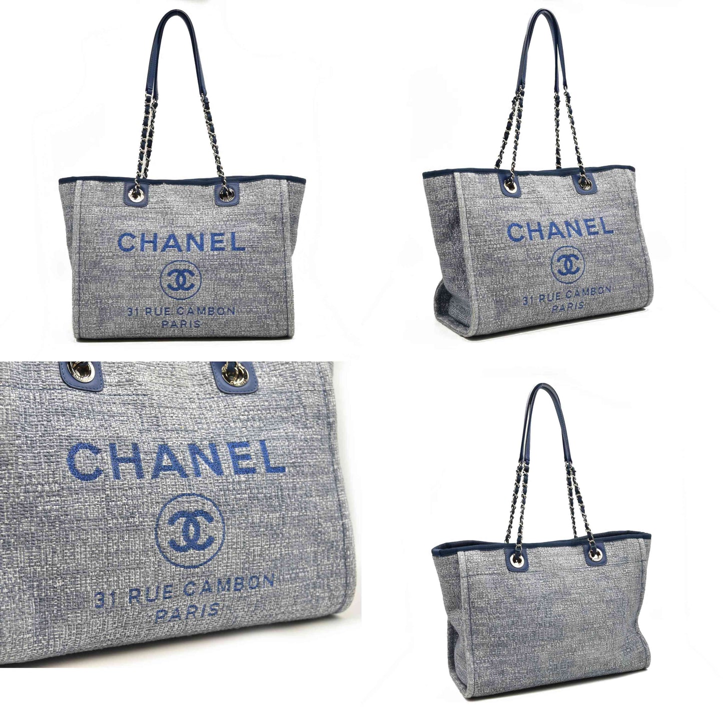 CHANEL Woven Straw Raffia Medium Deauville Tote Blue 25*