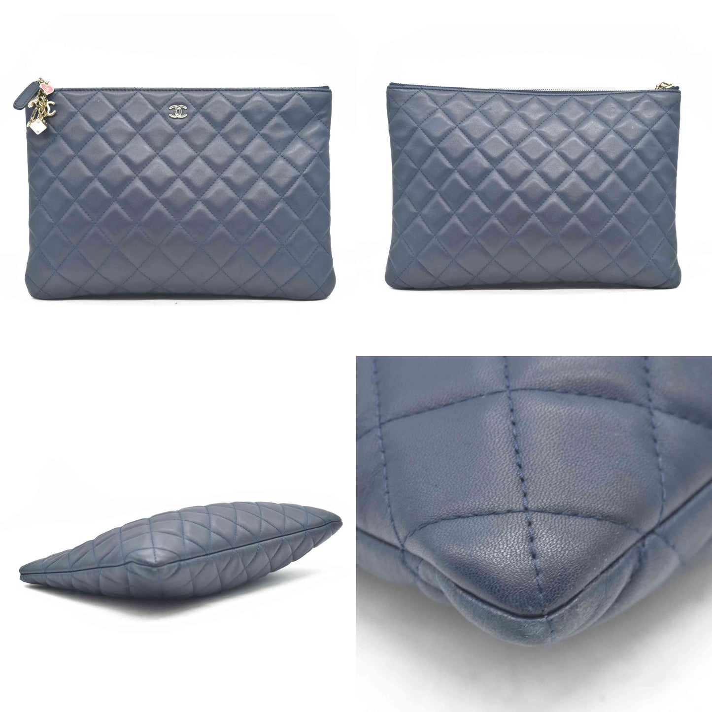 $1475 Chanel Navy Lambskin Classic Charm Decoration New Medium Clutch