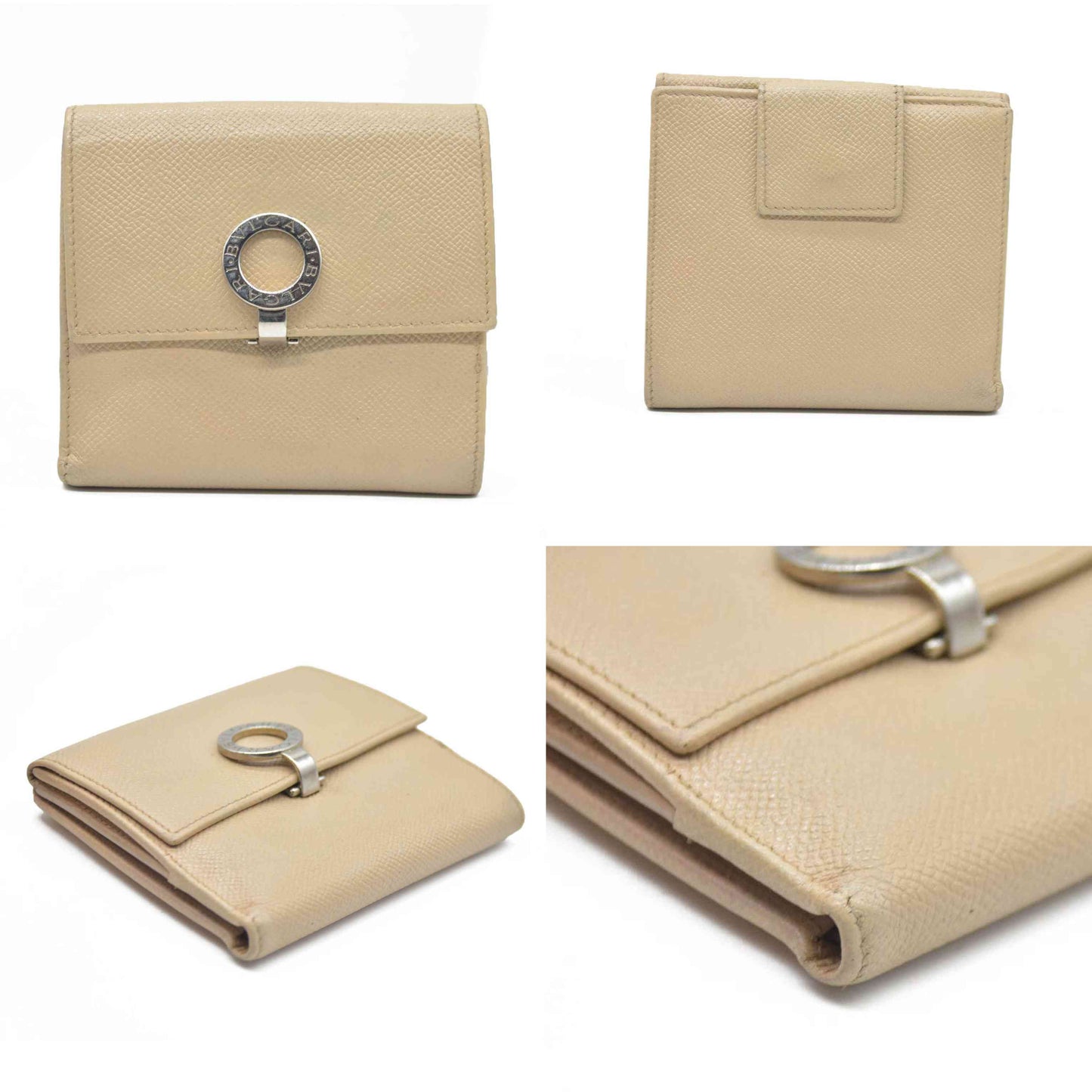 AUCTION $640 BVLGARI BVLGARIBVLGARI Leather Bifold Wallet Beige