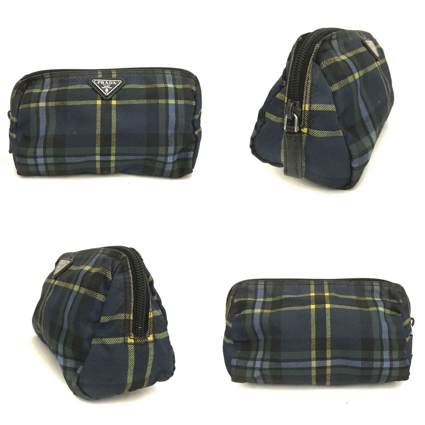 $650 PRADA Logo Plate Check Nylon Cosmetic Pouch Bag MultiColor