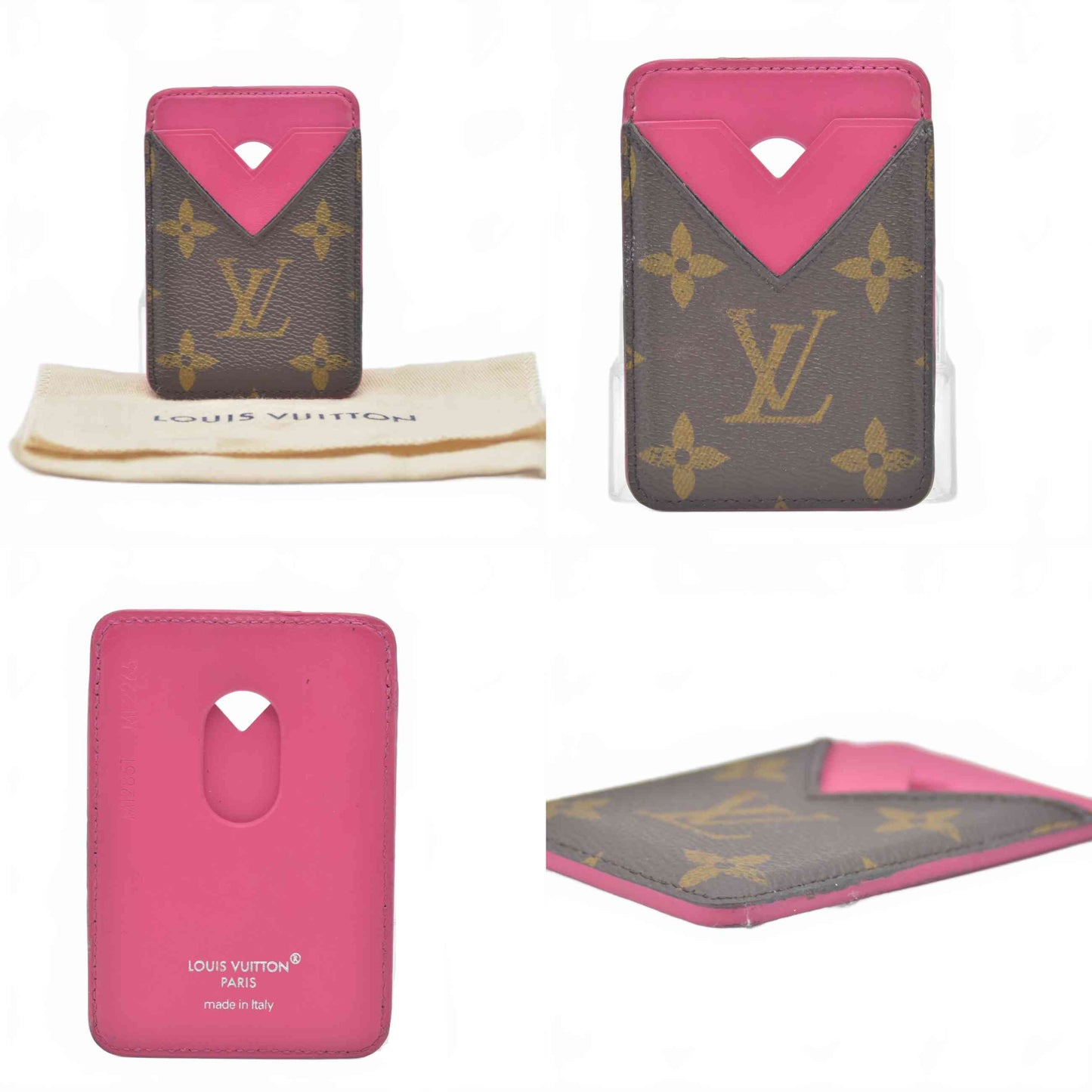 $445 2025 Louis Vuitton Monogram Macassar Magnetic Card Holder Pondichery Pink ME2265