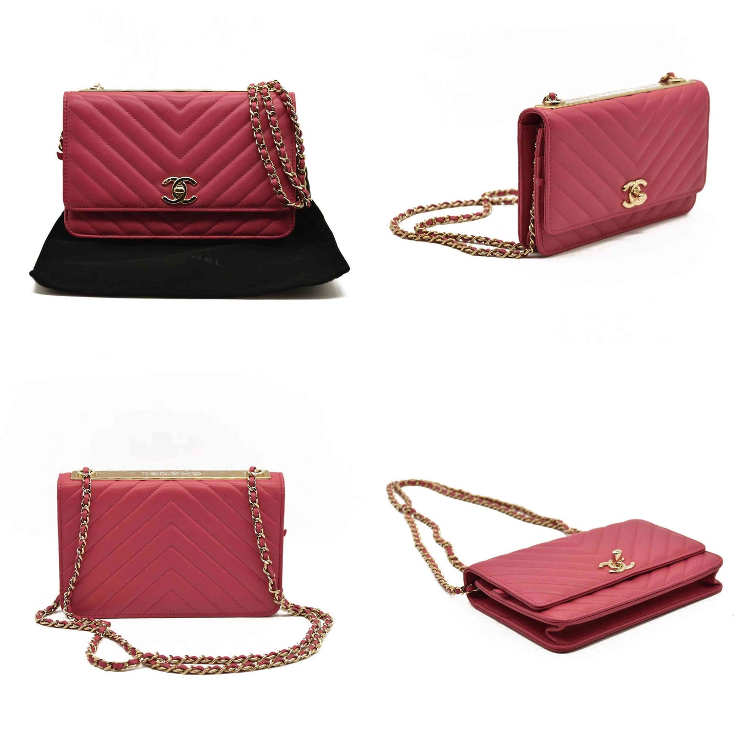 Chanel  Lambskin Chevron Quilted Trendy CC Wallet On Chain WOC Pink 28*