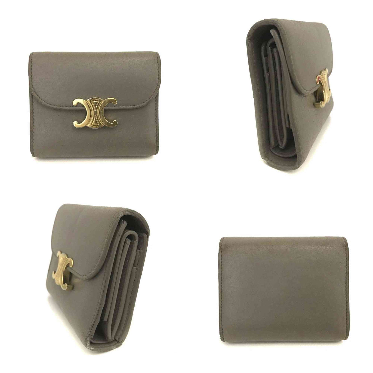 $560 CELINE Triomphe Leather Trifold Wallet Gray