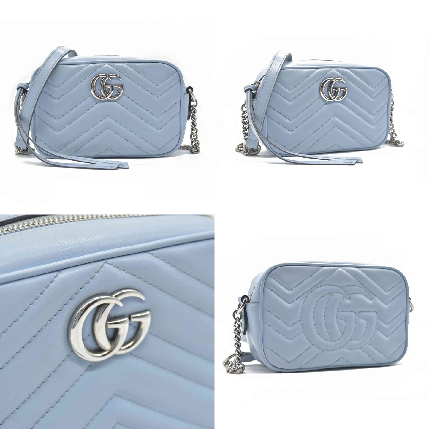 $1800 Gucci  Calfskin Matelasse Mini GG Marmont Chain Shoulder Bag Light Blue