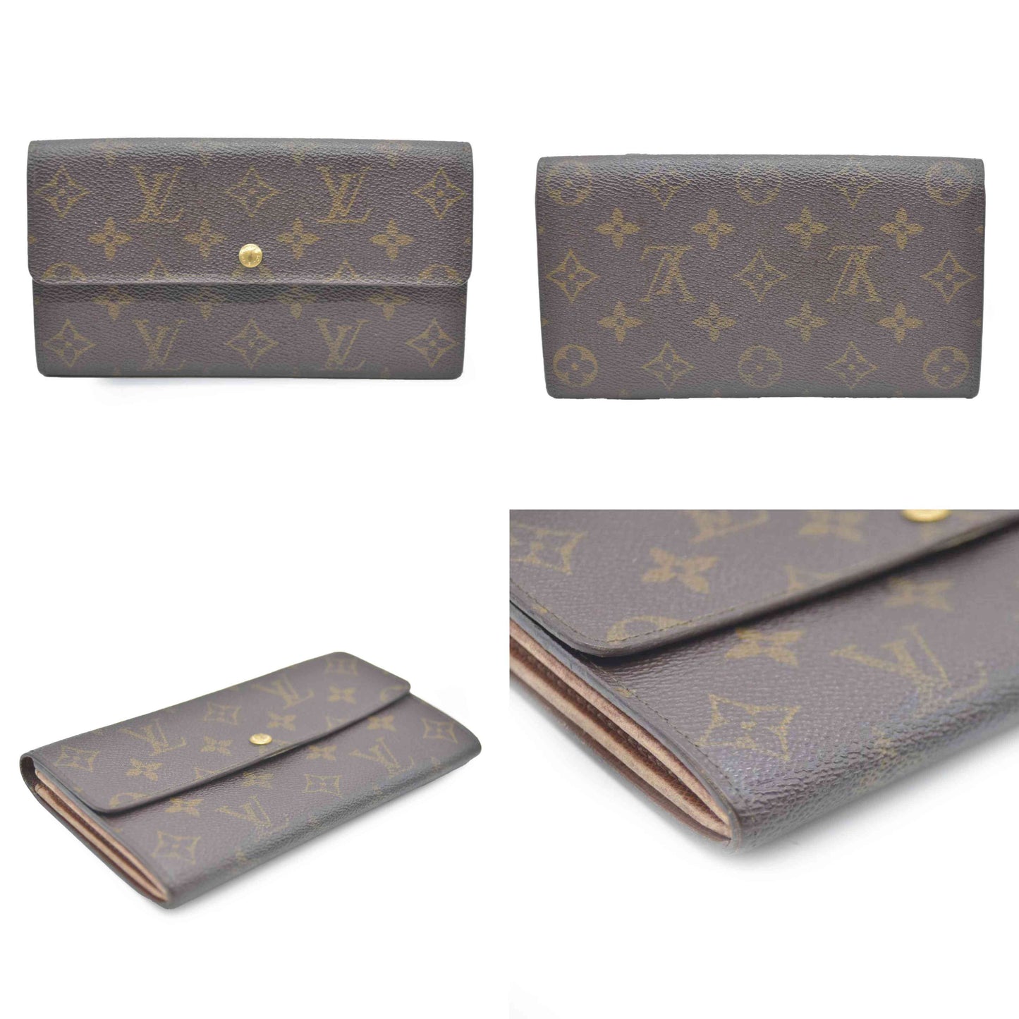 Louis Vuitton Monogram Portefeiulle Sarah Long Bifold Wallet Brown MI0972 Damaged button snap