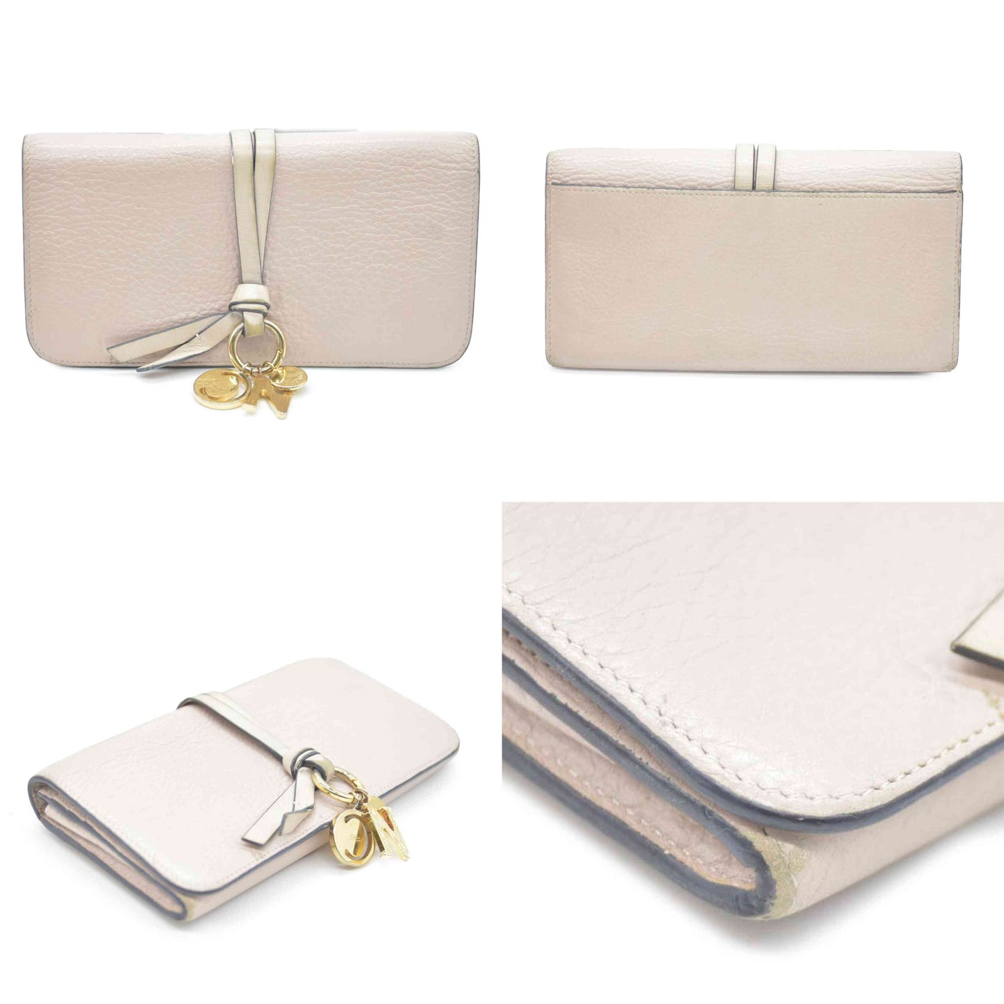 Chloe Alphabet Leather Long Bifold Wallet Purse Beige