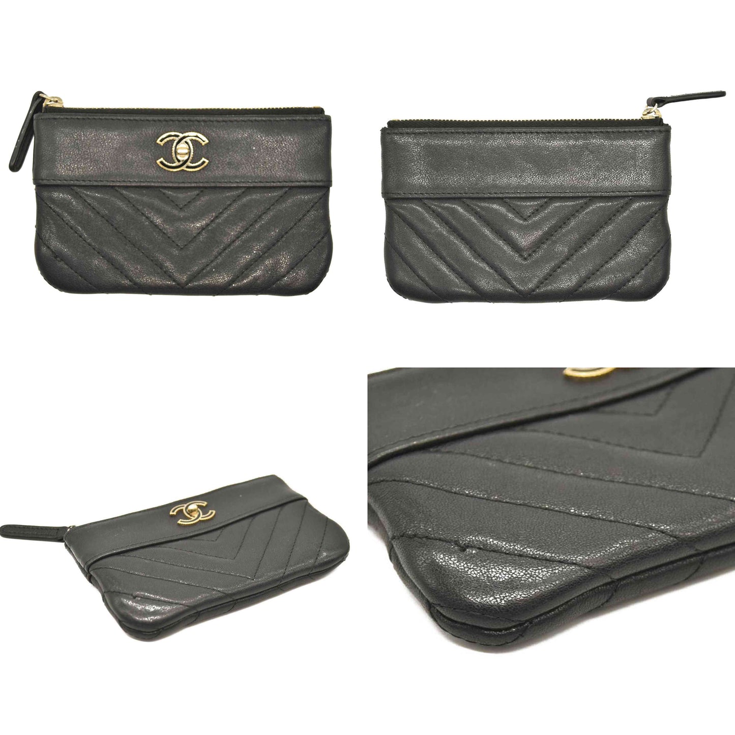 Chanel  Sheepskin Chevron Quilted Small Vintage Mademoiselle Cosmetic Case Black