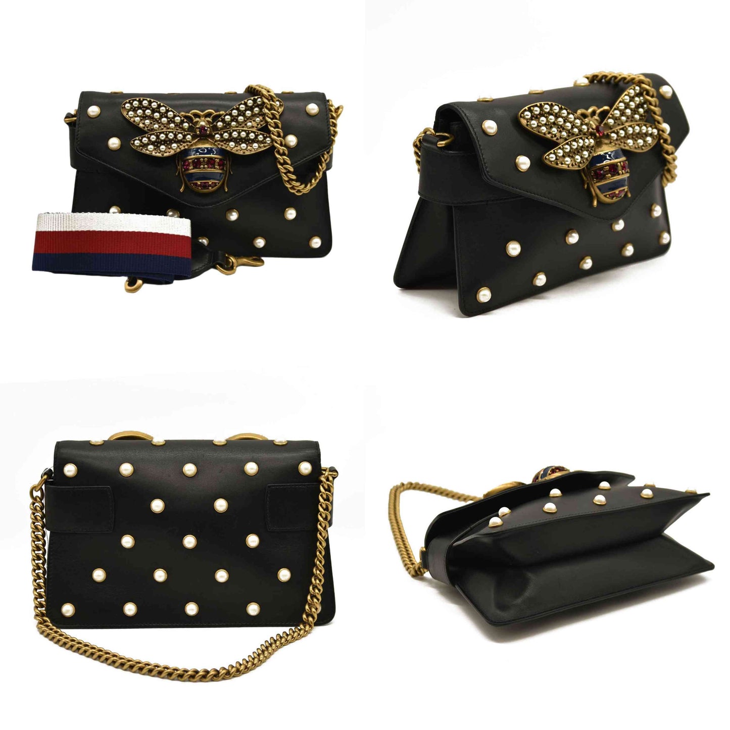 Gucci  Nappa Pearl Studded Mini Queen Margaret Broadway Shoulder Bag Black