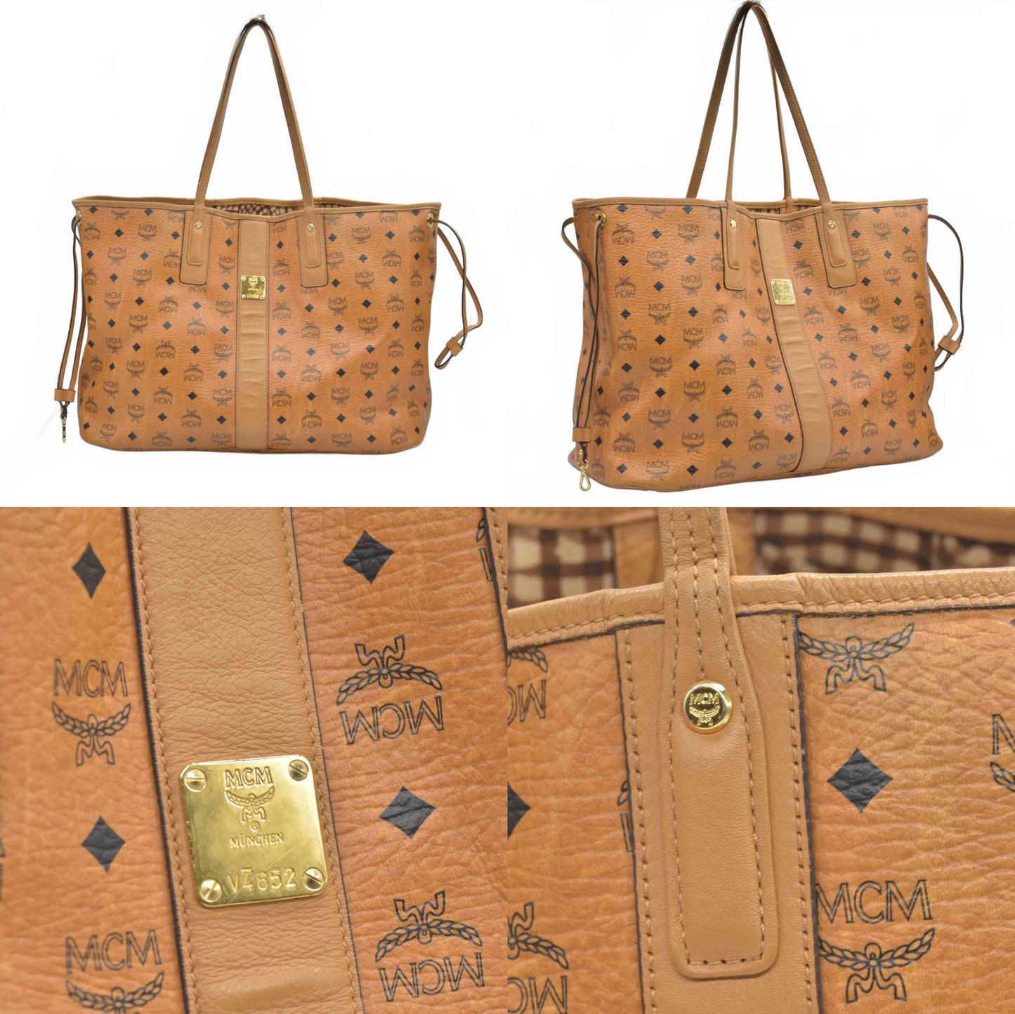 $880 MCM Visetos Large Liz Reversible Shopper Tote Cognac