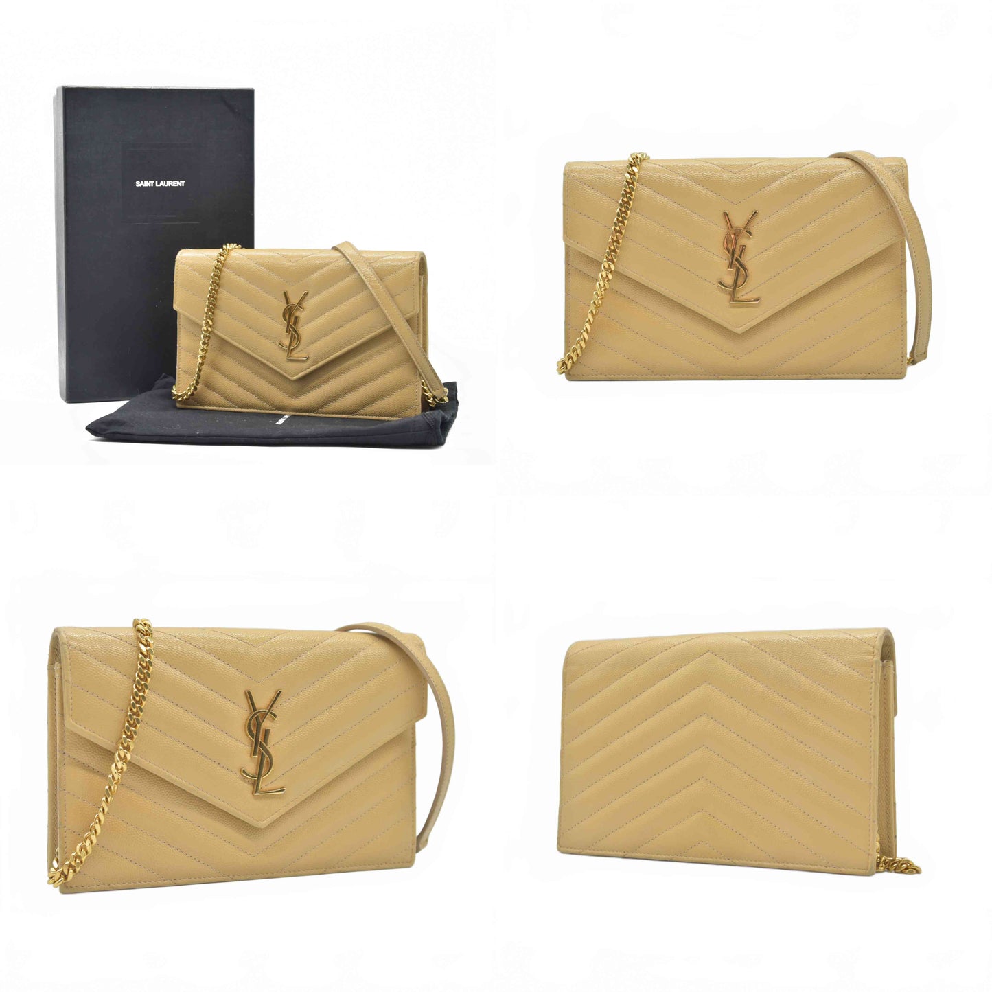 $1190 Saint Laurent Grain De Poudre Matelasse Chevron Monogram Envelope Chain Wallet Light Chartreuse