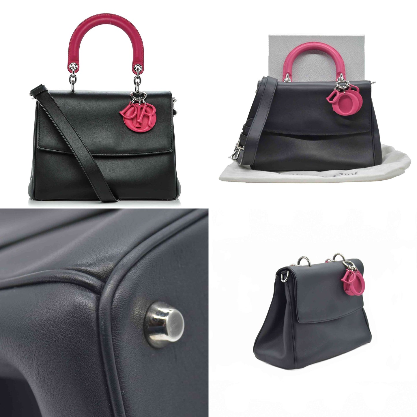 $6100 Christian Dior Smooth Calfskin Small Bi-Color Be Dior Flap Black Pink CONSIGNMET
